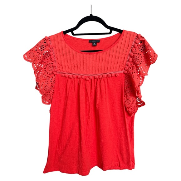 J. Crew Tops - J Crew Eyelet Flutter-Sleeve Top with Pom-Pom Trim Orange Size Medium